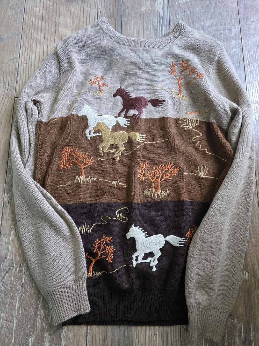 Kids Taupe & Brown Horse-Embroidered Sweater